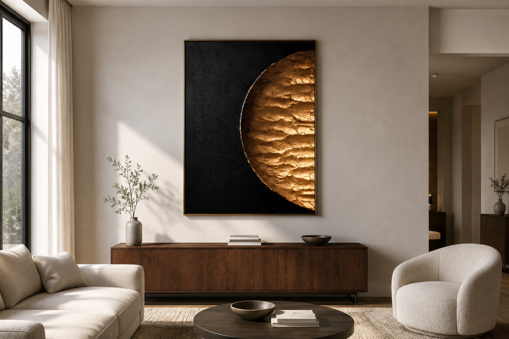 Wandkunst im Wohnzimmer – Größe und Wirkung im Raum Modernes Wohnzimmer mit großformatiger abstrakter Wandkunst über einem Sideboard