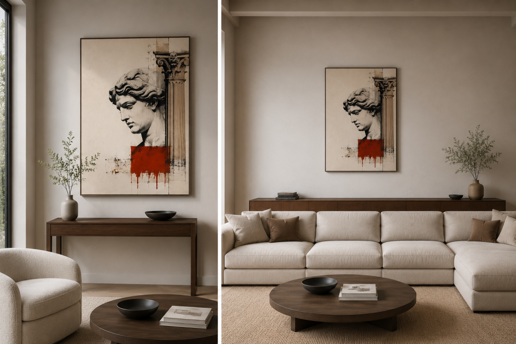 Wandbild-Größe im Raum – direkter Größenvergleich Vergleich eines großen und eines kleinen Wandbildes in einem modernen Wohnzimmer