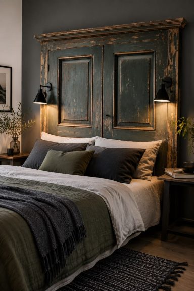 Alte Doppeltür als Kopfteil Die alte Doppeltür wird hinter dem Bett befestigt und macht aus einer leeren Wand einen ausdrucksstarken Mittelpunkt. Die vorhandenen Kasse